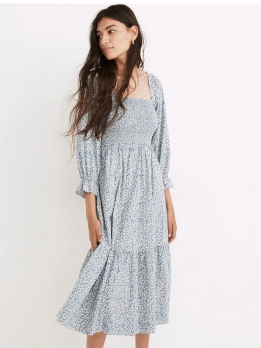 Madewell Lucie Elbow Sleeve Smocked Midi Dress in Sunflower Field Size XXS